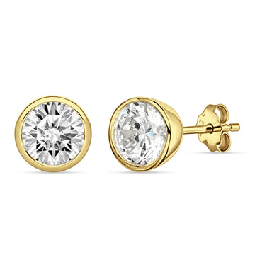 Bezel Set Cubic Zirconia Solitaire Stud Earring Yellow Tone 925 Sterling Silver Wholesale